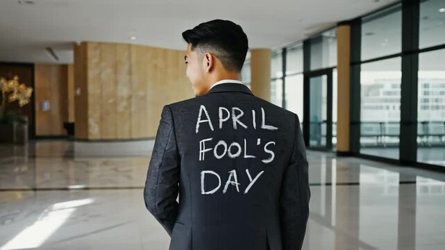 Modern young office worker with the inscription "April Fool's Day" on the back of his jacket walks and smiles. The concept of a festive mood and jokes at work.