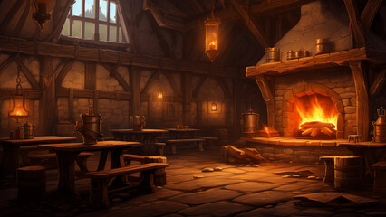 Cozy medieval tavern with wooden interior and fireplace