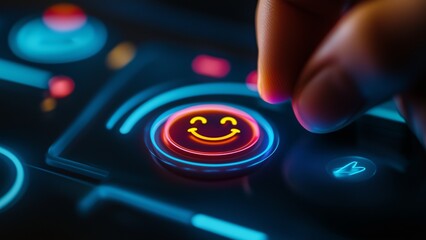 A digital customer satisfaction survey with a finger pressing the happiest smiley face