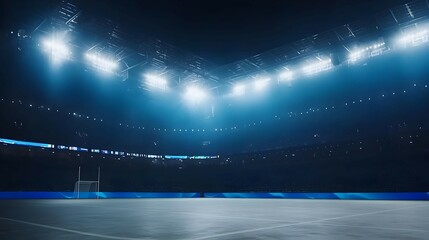 Empty Stadium at Night with Bright Blue Lights