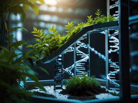 Futuristic greenhouse with DNA-inspired glowing structures and lush greenery