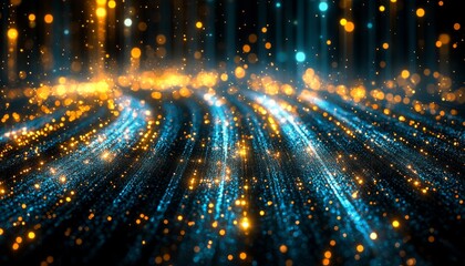 Fototapeta premium Abstract Vector Visualization Network of Blue, Gold Lines with Sharp Edges in Perspective View.