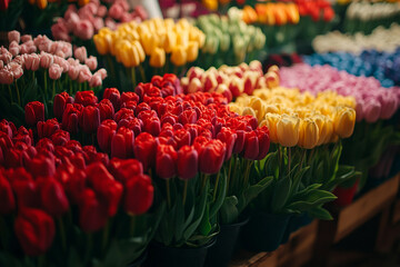 Vibrant Generative AI Floral Display Featuring Roses, Ranunculus, and Seasonal Flowers at a Flower Market