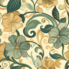 Seamless floral pattern with Art Nouveau elements in green and gold on vintage background