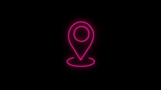 Neon location pin moving animation. Glowing Neon location pin map marker. navigation mark, location marker on black background.