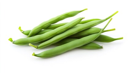 Fototapeta premium Fresh Green Beans Stacked on White Background in Studio Photography