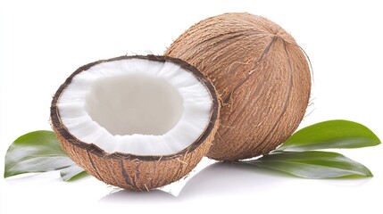 Fresh Coconut Halves with Green Leaves Isolated on White Background