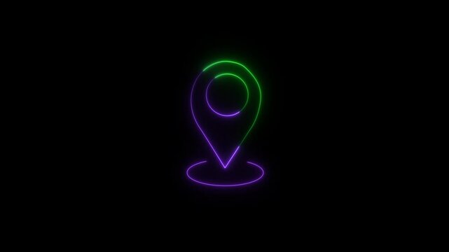 Neon location pin moving animation. Glowing Neon location pin map marker. navigation mark, location marker on black background.