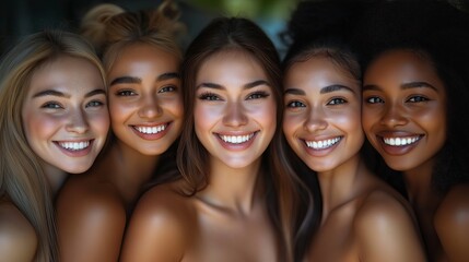 Obraz premium A group of five young women with glowing skin and radiant smiles, representing diversity, beauty, friendship, and happiness in a natural setting.