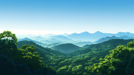 Fototapeta premium A serene landscape featuring lush green forests and distant mountains under a clear blue sky. Crystalline Forests. Illustration