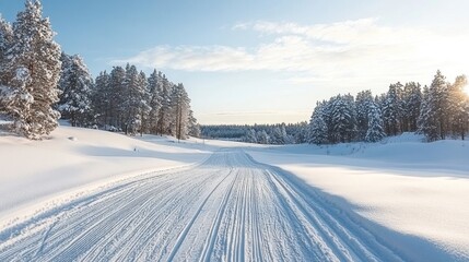 Obraz premium Snow Covered Winter Road Through Snowy Pine Forest Landscape