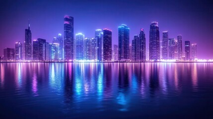 Fototapeta premium Neon-Lit Metropolis at Night with Ocean Reflections for Futuristic City Campaigns