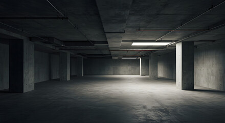  Dark empty underground parking garage or basement with concrete structure, fluorescent lighting and industrial architectural design