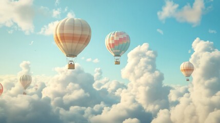 Naklejka premium Colorful Hot Air Balloons Soaring Above Dreamlike Cloudscape A Serene Aerial View Of Pastel Balloons Floating Amongst Fluffy Clouds Under a Bright Sky