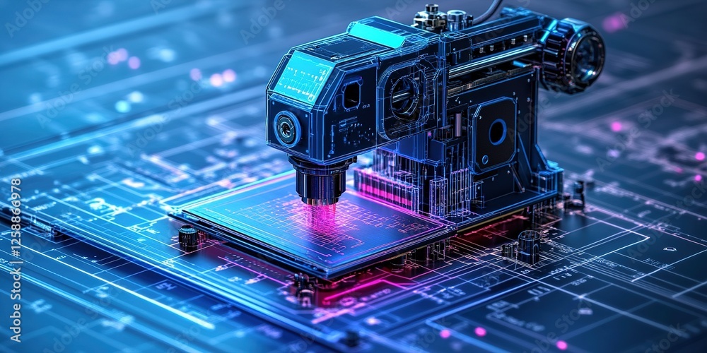 Poster advanced technology machine assembling intricate circuits on a futuristic circuit board in a modern 
