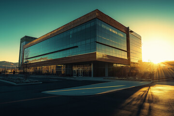 Fototapeta premium The warm glow of the setting sun illuminates the sleek lines of this contemporary office building, creating a striking visual contras