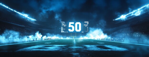 Night Stadium Scoreboard 50 Yard Line Smoke
