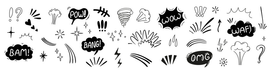 comic boom effects in a continuous line art style. Includes speech bubbles with Pow and