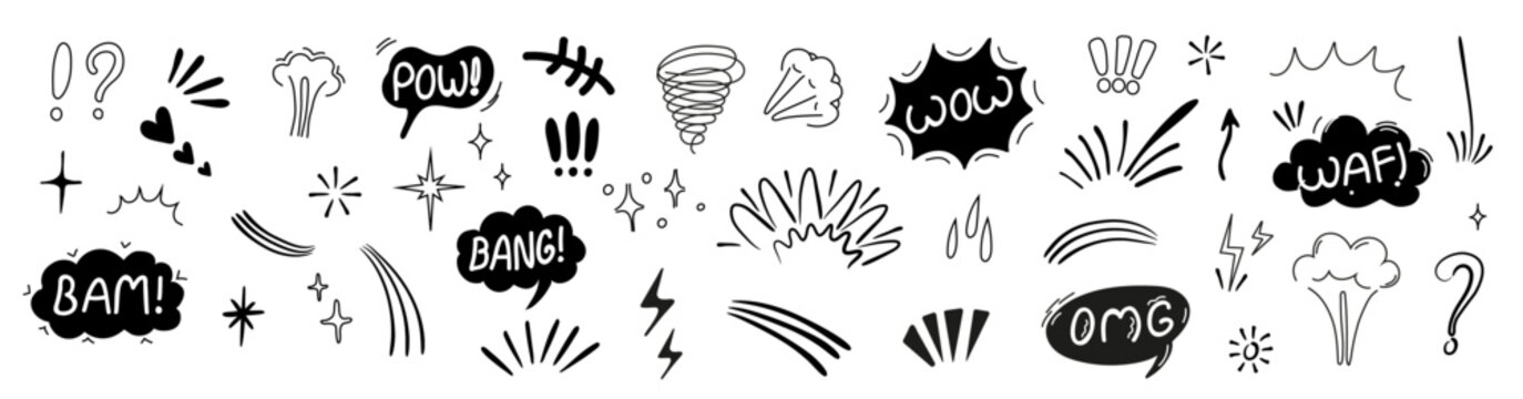 comic boom effects in a continuous line art style. Includes speech bubbles with Pow and