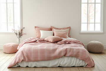 Light, cute and cozy home bedroom interior with unmade bed, pink plaid and cushions on empty white wall background.