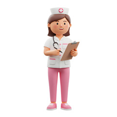 3D cartoon female nurse character in white uniform with pink details holding clipboard, cheerful healthcare professional illustration