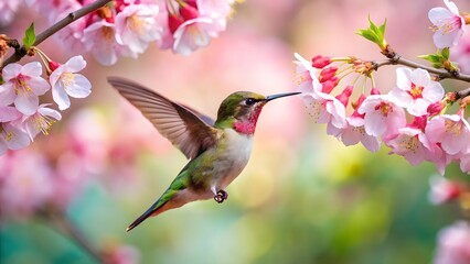 Fototapeta premium Hummingbird Feeding on Cherry Blossoms