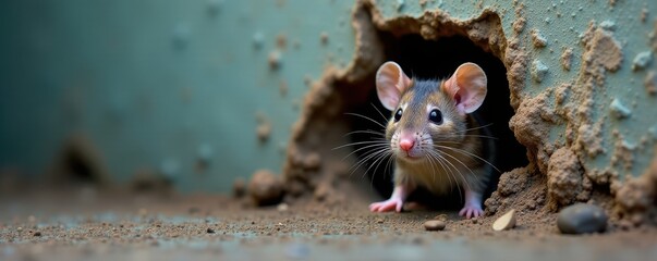 Fototapeta premium Mouse's head and whiskers emerge from wall crevice, rodent, crack, wood