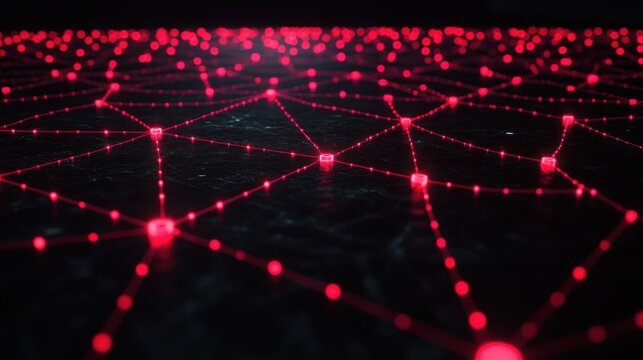 Exploring a captivating network of glowing red nodes on a dark surface that conveys a sense of digital connectivity and technology