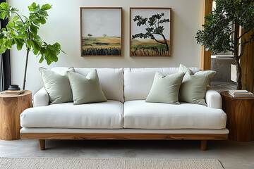 Scandinavian, mid-century home interior design of modern living room in farmhouse. Sofa with mint pillows and wooden side tables.