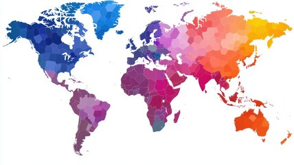 Marketing research concept. Colorful watercolor world map illustration in vibrant shades.