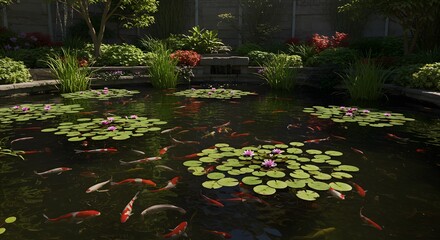 Koi Pond with Lily Pads and Fish Swimming in a Lush Garden