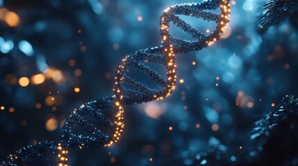 Mysterious strand of glowing DNA shimmering in a dark, ethereal environment filled with blue and gold lights