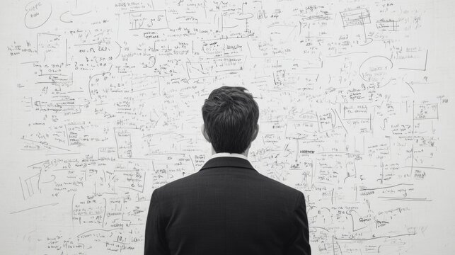 Man facing overwhelming equations on wall.  Possible use Stock photo for business concepts - Powered by Adobe