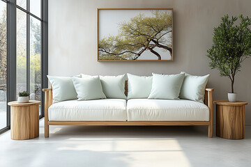 Scandinavian, mid-century home interior design of modern living room in farmhouse. Sofa with mint pillows and wooden side tables.