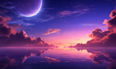 Cosmic sunset over reflective water with planet and clouds