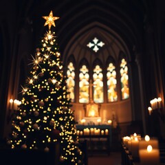 Obraz premium Sparkling church christmas tree decorations brightly lit candles and light background celebrating the christmas of jesus christ Bokeh light lights background bokeh abstract light bright effect