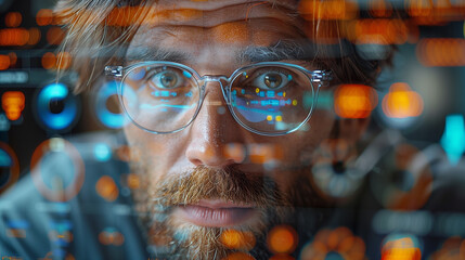 double exposure. Handsome male amd Floor paln. system security specialist working on computer at system control center.