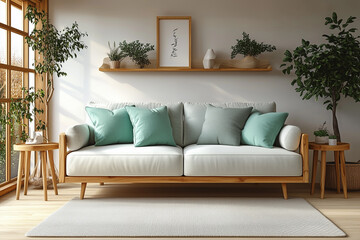 Scandinavian, mid-century home interior design of modern living room in farmhouse. Sofa with mint pillows and wooden side tables.