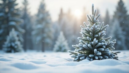 Snow-covered balsam fir tree in winter landscape with soft sunlight and blurred background