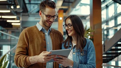 Young couple engaged in a joyful moment together while using a tablet in a modern indoor setting, showcasing connection, technology, and collaboration