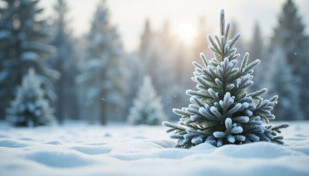 Snow-covered balsam fir tree in winter landscape with soft sunlight and blurred background