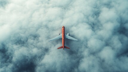 Aerial view of a vibrant airplane flying over a sea of fluffy clouds during daylight