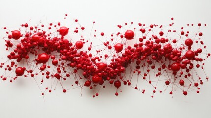 Vibrant red sculptural installation showcases interconnected spheres and threads inspiring curiosity and wonder in a modern art setting