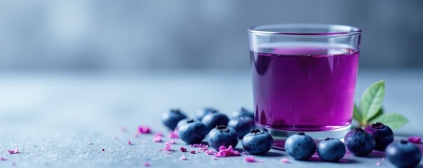 Glass of purple liquid next to scattered blueberries , visual, glassware, stock photo