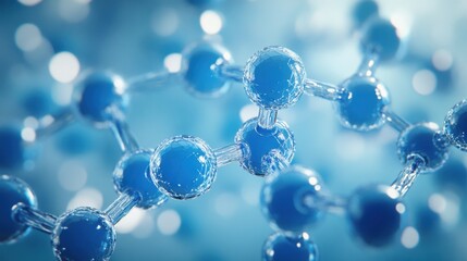 Exploration of vibrant blue molecules amidst a shimmering abstract background in a scientific context
