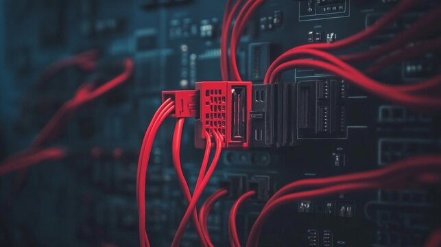 Red cables connect to server board, data center background, technology concept - Powered by Adobe
