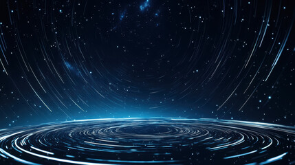 Obraz premium Celestial trails reflection on black glass surface in vertical night sky scene