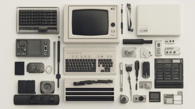 Retro tech collection on white background, various electronic devices, possible use in tech history or vintage design