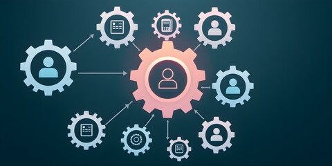 Interconnected Teamwork: A  visual metaphor for collaboration, showcasing a network of interconnected gears, representing individuals and processes working together seamlessly. The central gear.