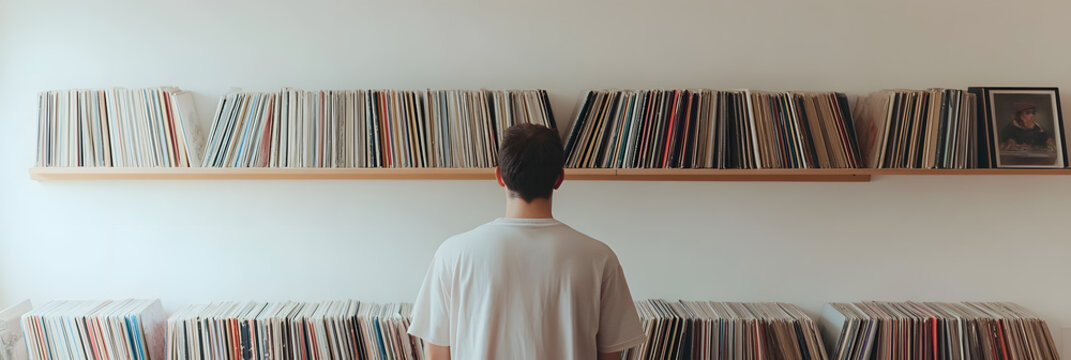 Contemplating Sound: A man stands before a wall adorned with rows of records, immersing himself in the world of music and sonic nostalgia.